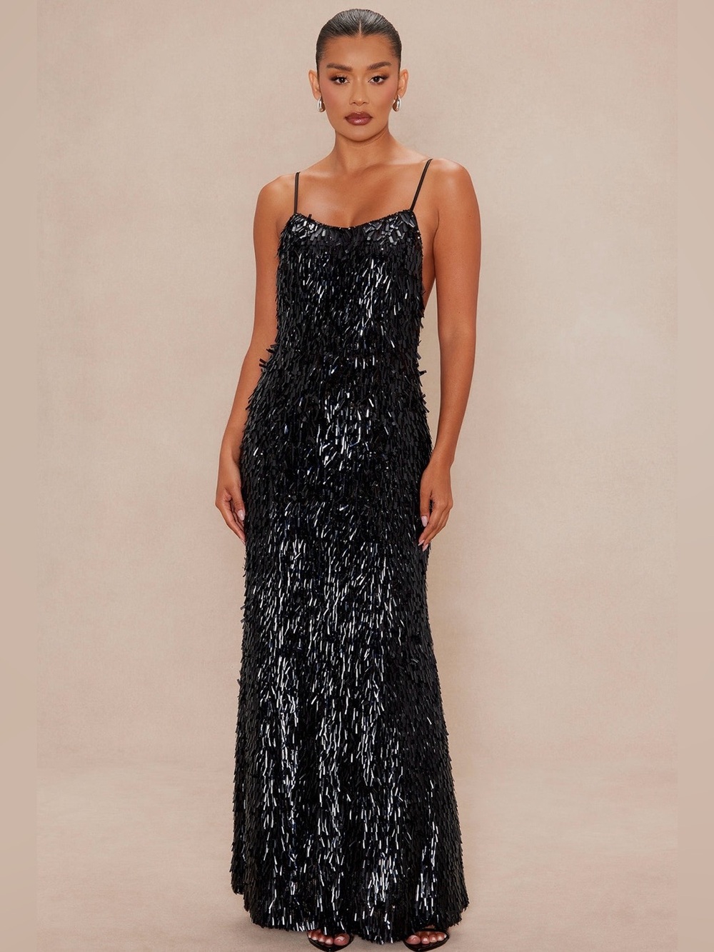 Elegant Black Sequin Fringe Evening Dress